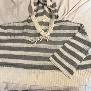 POL Gray and Cream Striped Knit Top